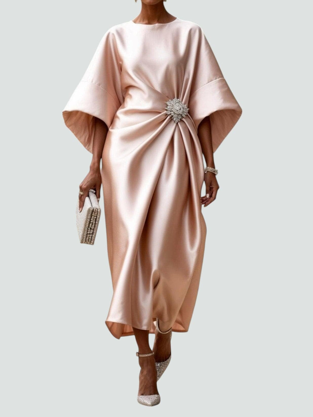 Back view of the Heather elegant long dress in Pink showing the clean, polished silhouette