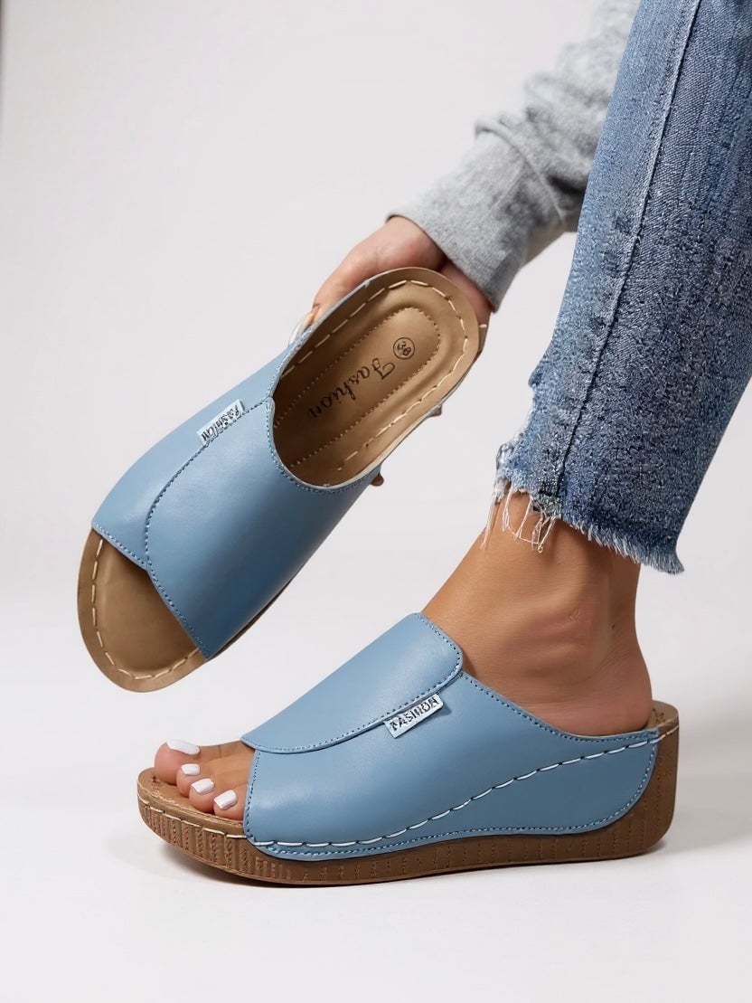 Florimay Heather platform slides size chart and color lineup — white, brown, black, burgundy, blue, light blue