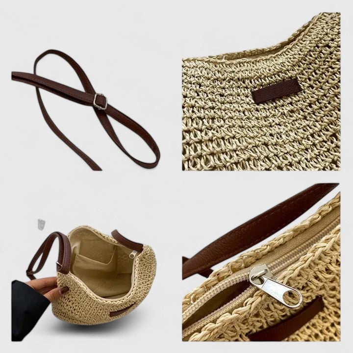 Hedda shoulder bag in beige laid flat showing interior capacity and clean design