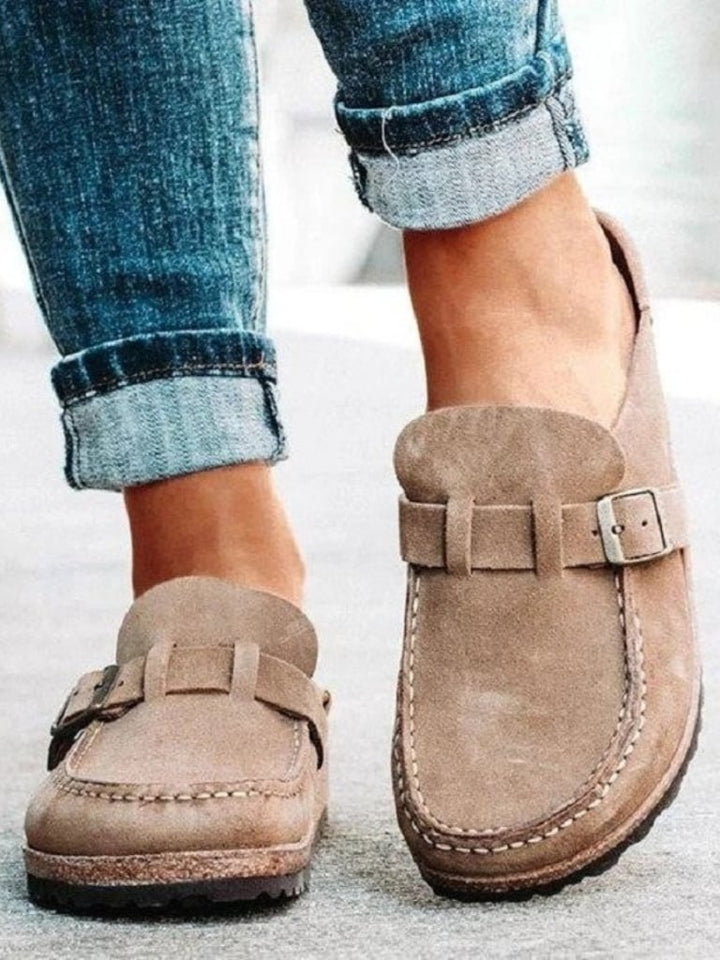 Helen comfort clogs in beige styled with casual outfit on a light background