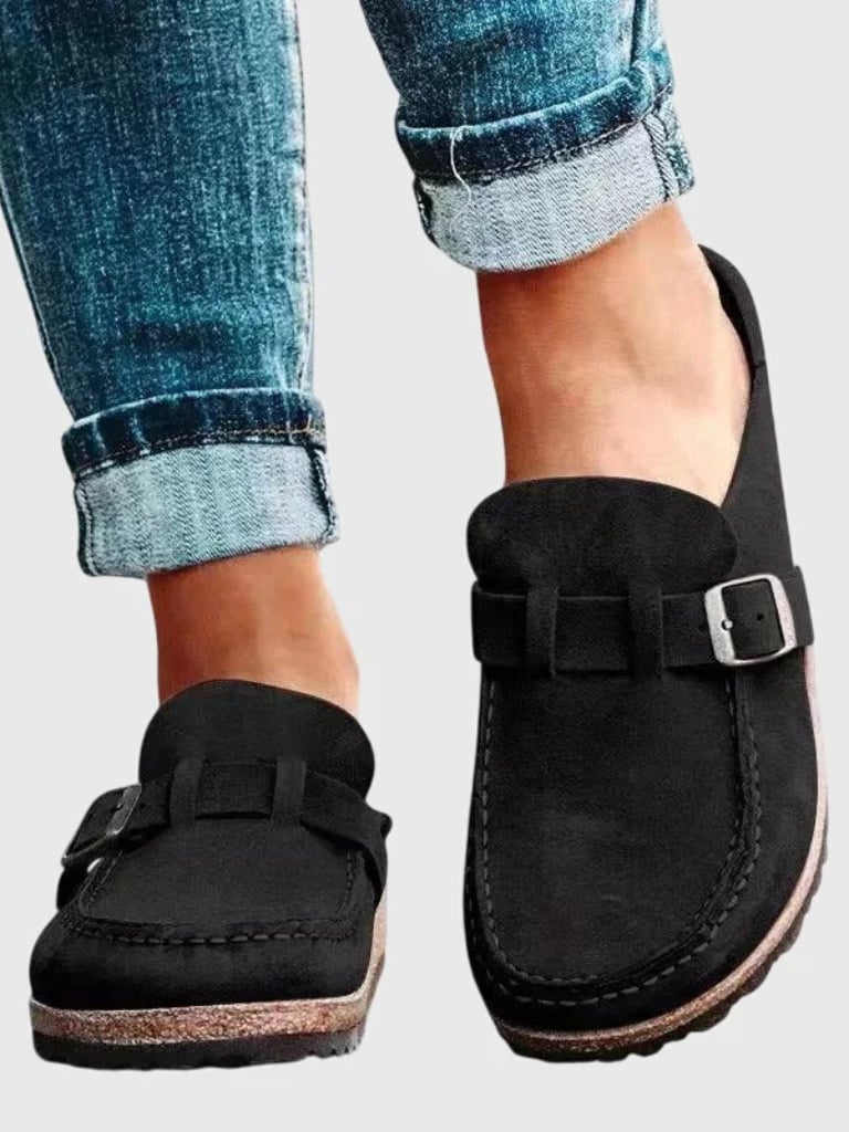 Helen comfort clogs in black shown from above displaying the smooth slip-on upper