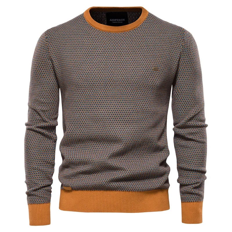 Side profile of man wearing a checkered sweater showing tailored silhouette