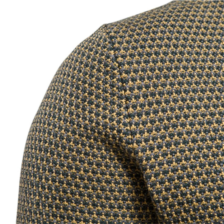 Men's checkered sweater in khaki colorway showing fabric texture and fit