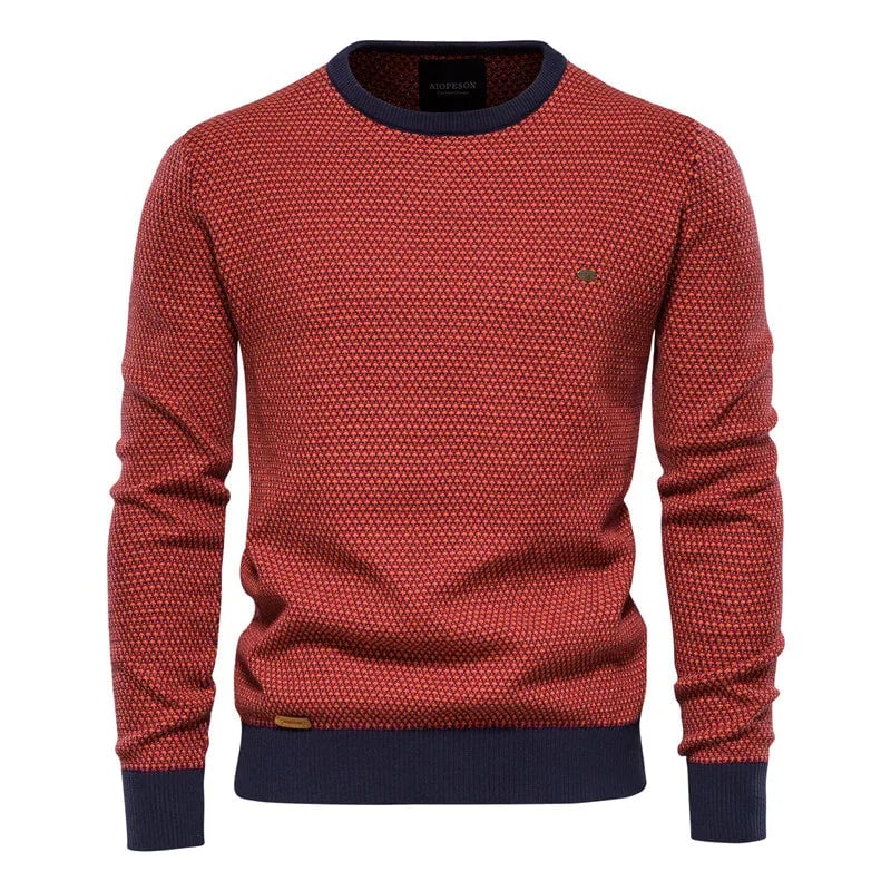 Men's checkered sweater in black colorway on model in polished layered outfit