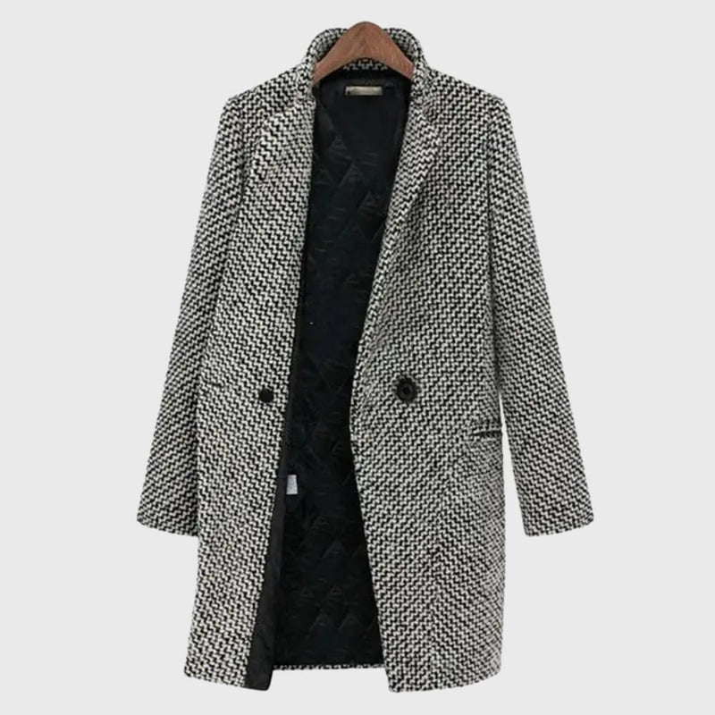 Woman wearing the Herlie warm winter coat in grey, showing the full-length tailored silhouette from the front