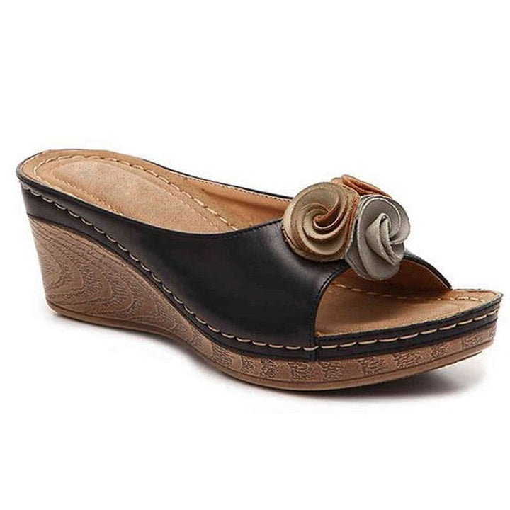 Heron women's orthopedic cushioned wedge sandals in black with secure straps and cushioned footbed, side view