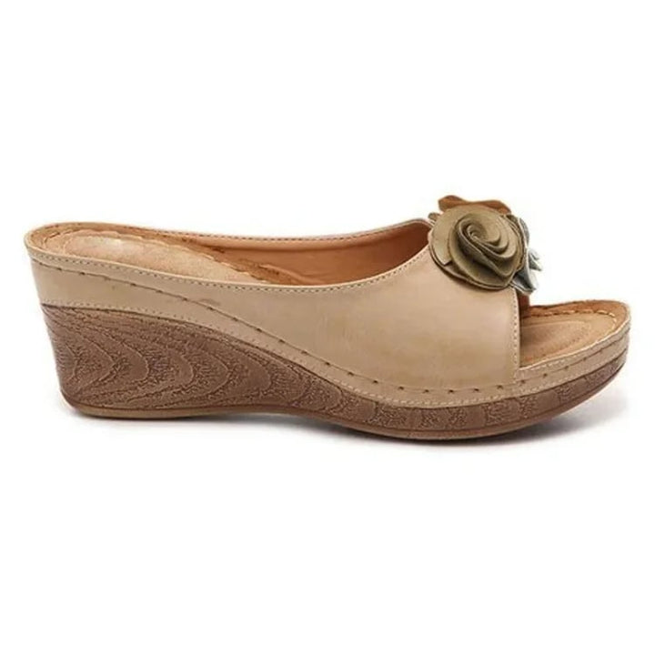 Heron orthopedic wedge sandals styled with a flowy summer dress, lifestyle shot