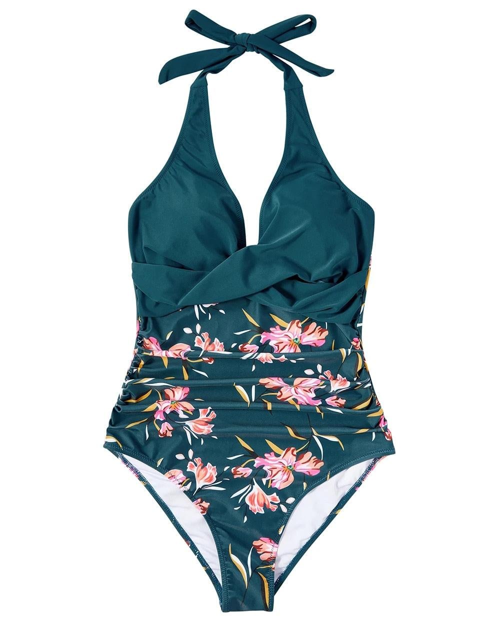 Hilda swimsuit in blue colorway showing full-length flattering fit on model