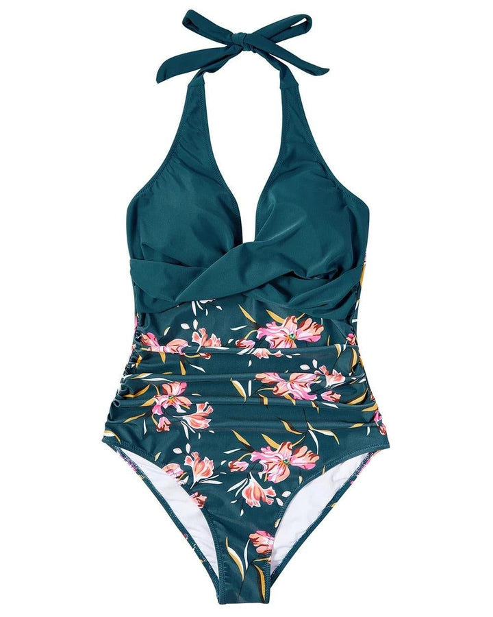 Hilda swimsuit in blue colorway showing full-length flattering fit on model