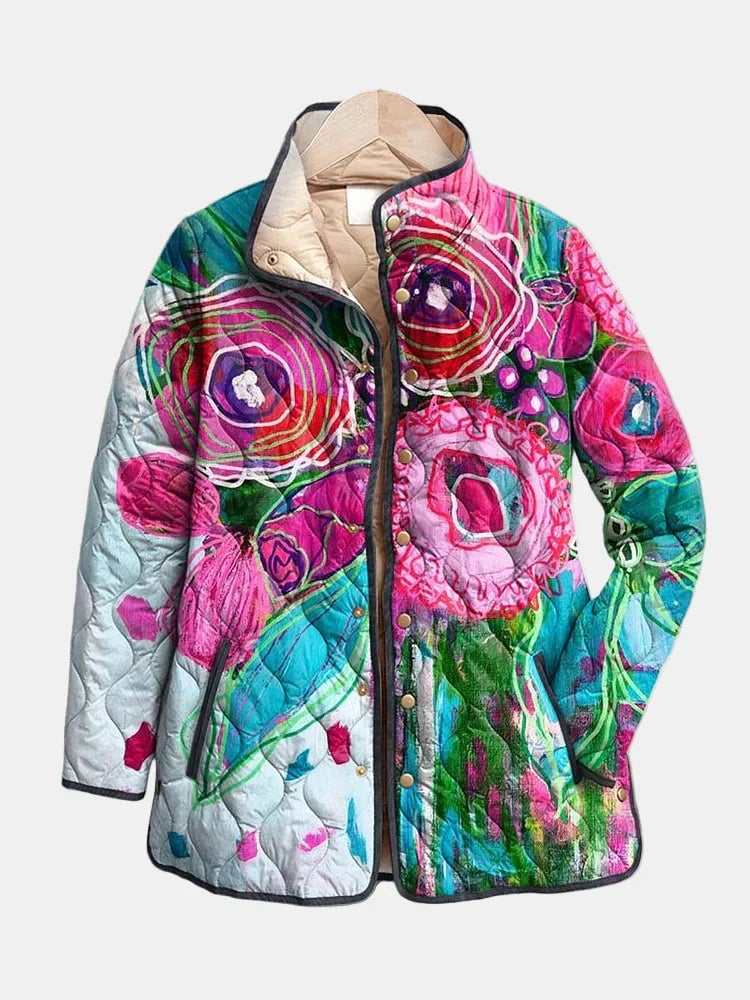 Woman wearing a multicolor elegant floral patterned lightweight jacket with a relaxed, polished silhouette