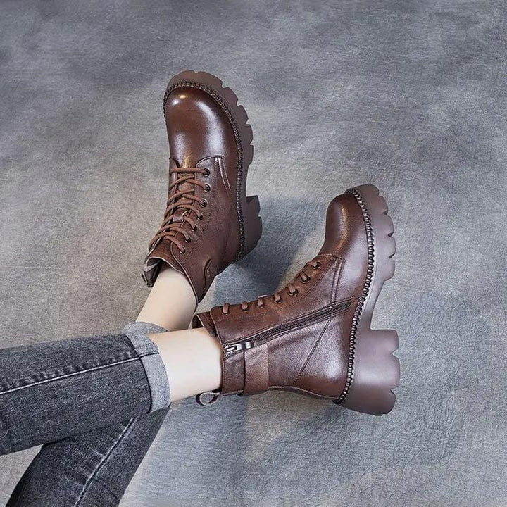 Close-up of the exterior material and stitching detail on Holly orthopedic boots in brown