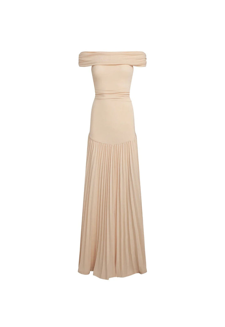 Front detail shot of the neckline of a sky blue flowy maxi dress on a standing model