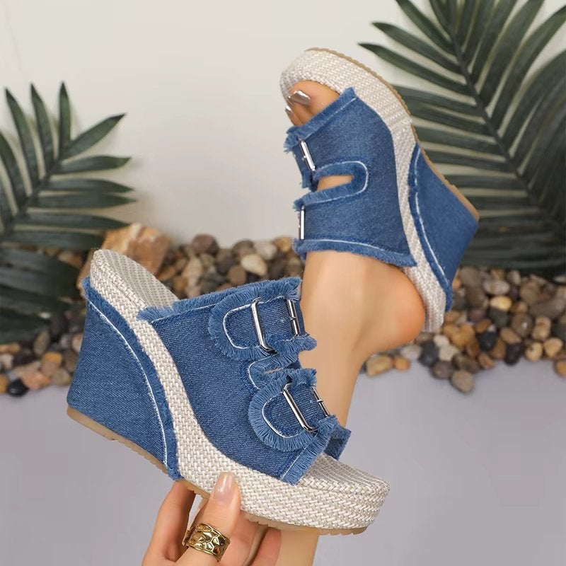 Side view of women's blue denim wedge sandals showing chunky heel height