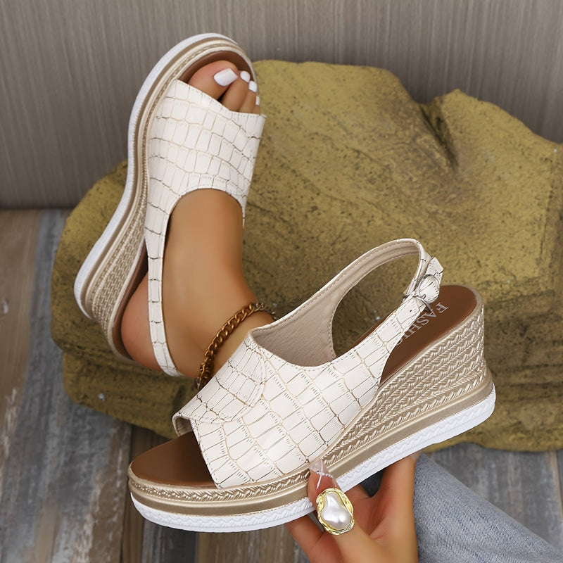 White women's wedge sandals with a cushioned insole and slip-resistant sole, front view
