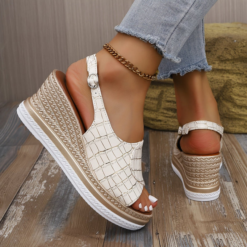 Back view of the Imara women's white wedge sandals showing heel construction