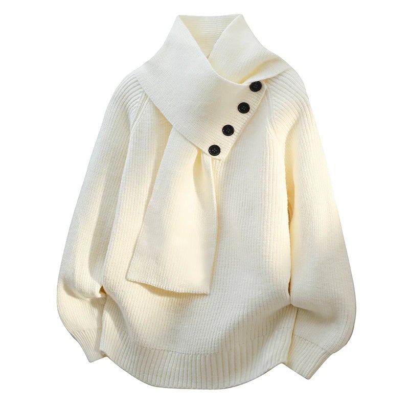 Woman wearing the Imogen cozy scarf-neck sweater in a warm neutral tone, showcasing the draped neckline and relaxed silhouette