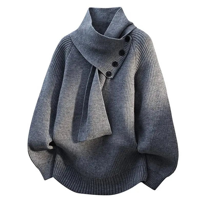 Street-style shot of the Imogen scarf-neck sweater styled with casual bottoms, highlighting its flattering fit and elevated everyday look