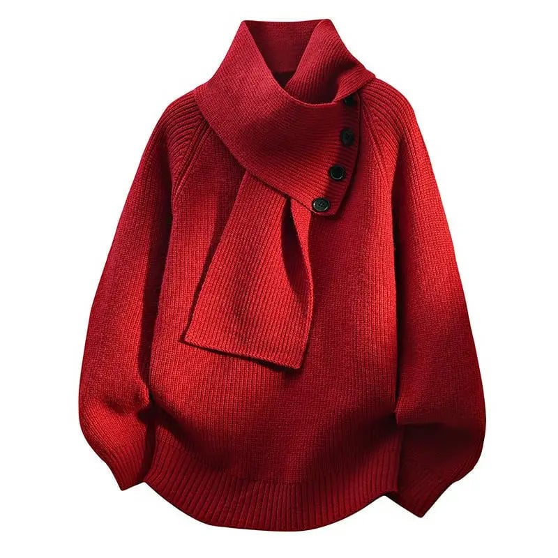 Close-up front view of the Imogen scarf-neck sweater showing the elegant draped neckline detail and soft fabric texture