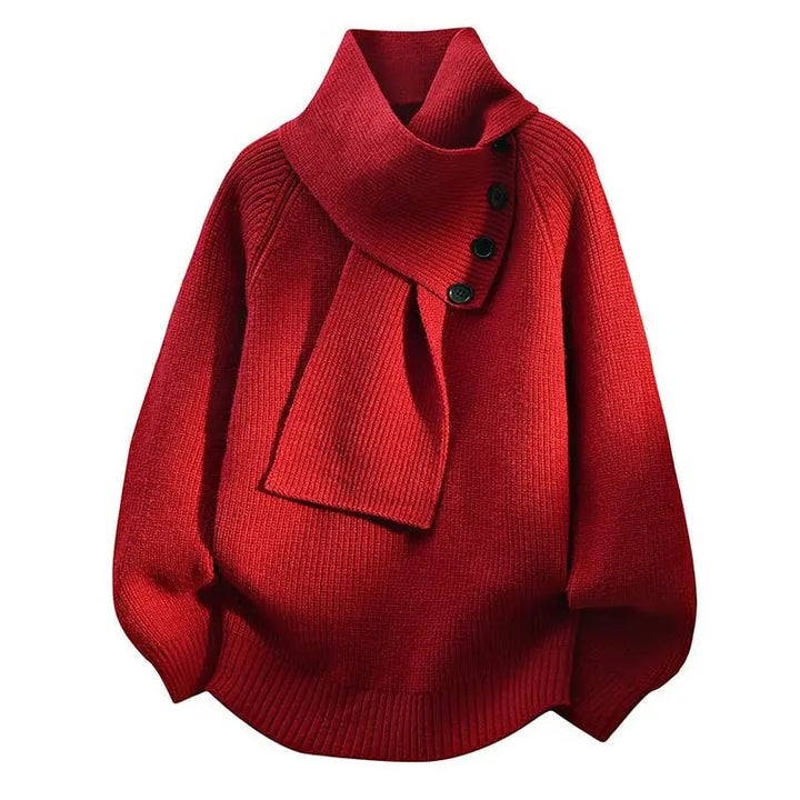 Close-up front view of the Imogen scarf-neck sweater showing the elegant draped neckline detail and soft fabric texture