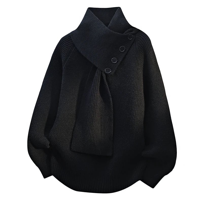 Side profile of the Imogen cozy scarf-neck sweater in gray, showing the relaxed length and shoulder silhouette