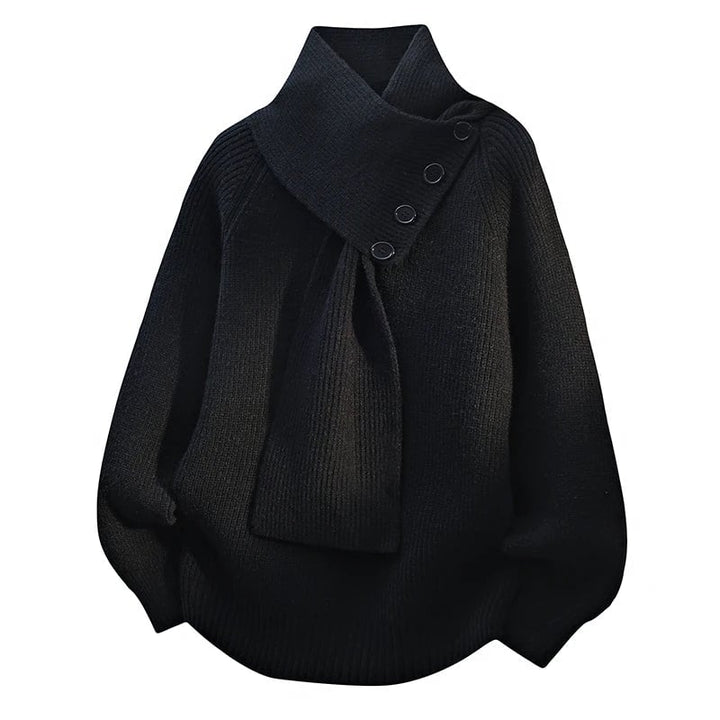 Side profile of the Imogen cozy scarf-neck sweater in gray, showing the relaxed length and shoulder silhouette
