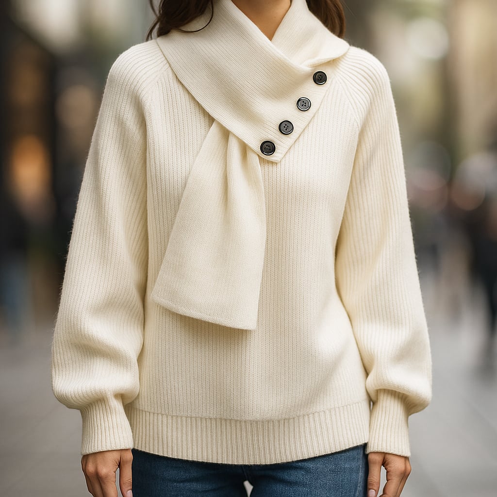 Flat lay of the Imogen sweater in black displaying the scarf-neck construction and overall proportions