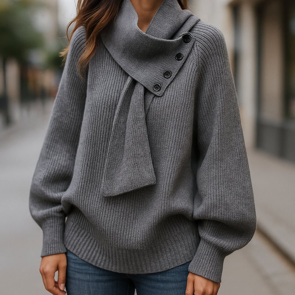 Model in red Imogen scarf-neck sweater styled for a polished casual look, sizes S to 3XL available