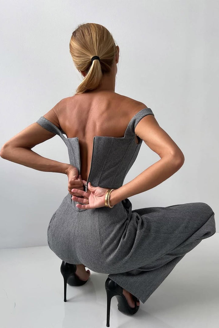 Full-length shot of model wearing the Imogen herringbone suit set in pink