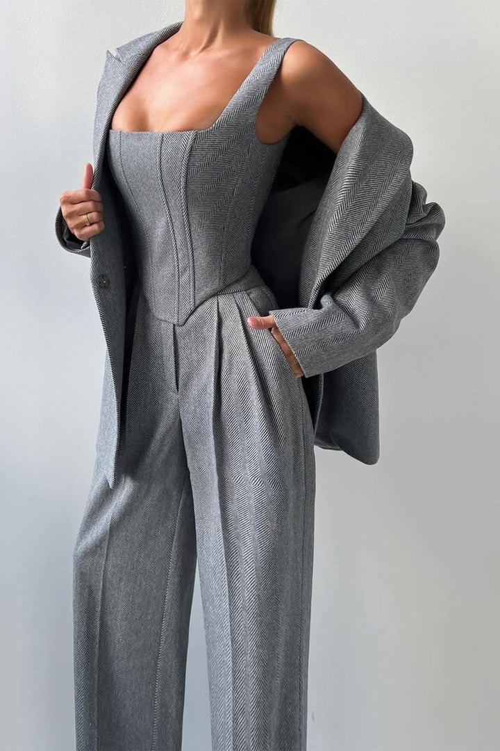 Front view of the Imogen three-piece suit set in pink with structured blazer