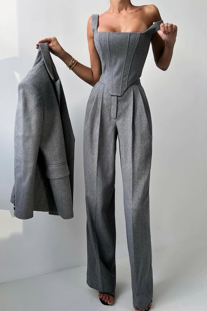 Back view of the Imogen herringbone tailored pants in gray