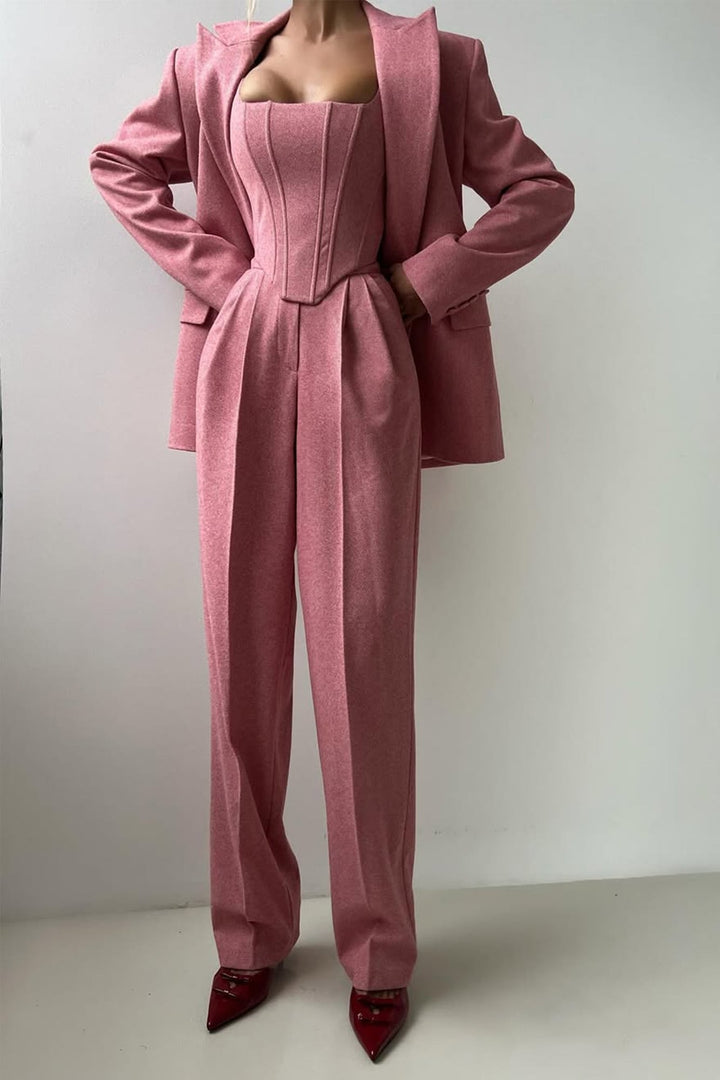 Styled flat lay of the Imogen herringbone three-piece suit set in gray