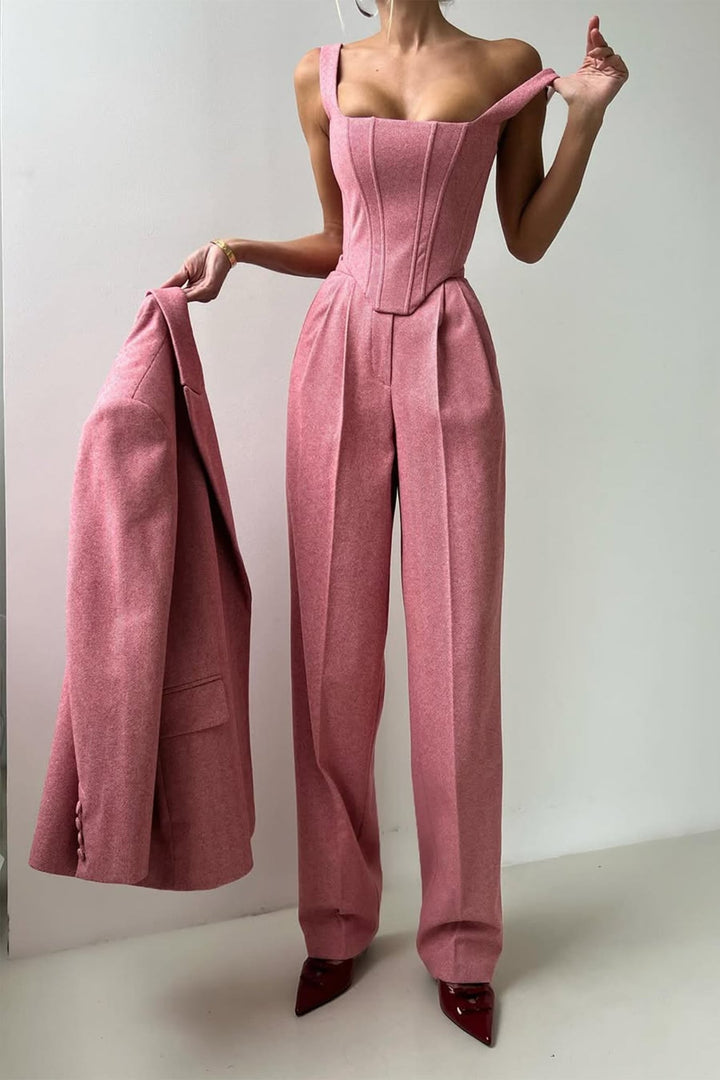 Model wearing the Imogen blazer as a separate piece over a simple top
