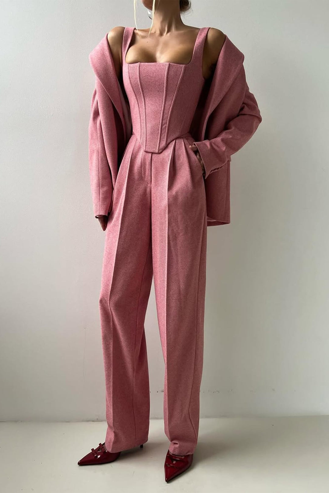 Side-by-side color comparison of the Imogen herringbone suit set in gray and pink