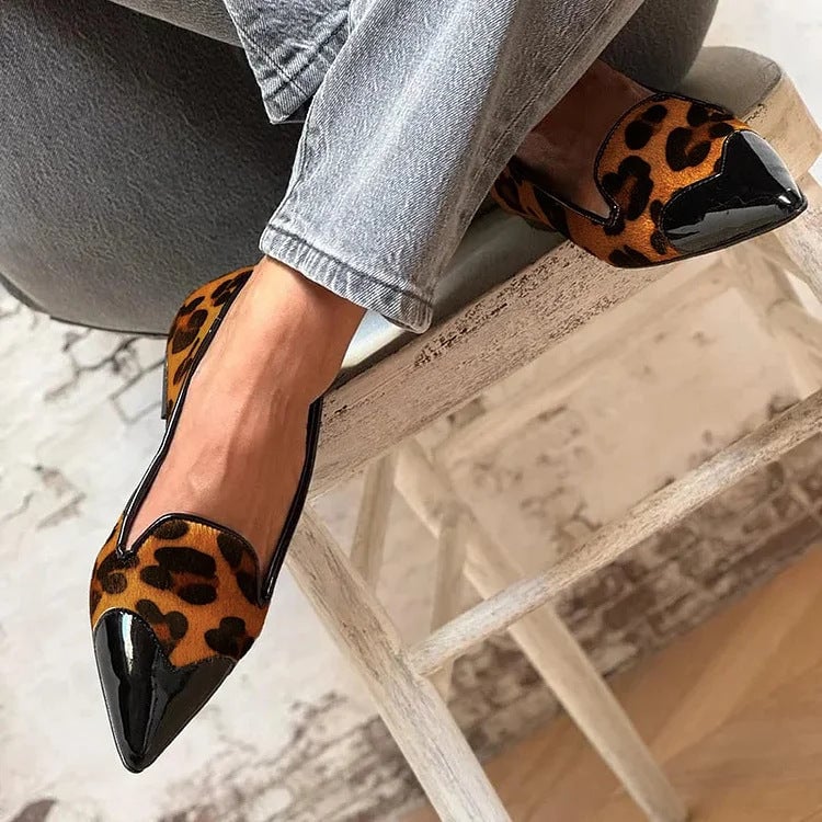 Close-up of the brown animal print pattern on the Indi flat shoe highlighting the chic textured design