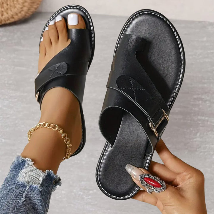 Ines women's orthopedic cushioned sandal in brown styled with casual warm-weather outfit, lifestyle view