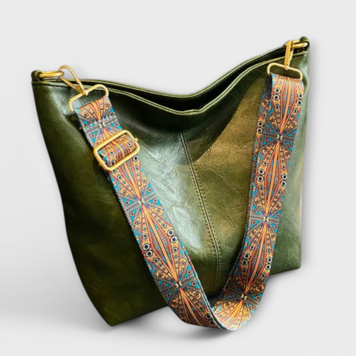 Shoulder bag lifestyle shot showing spacious interior and patterned strap detail