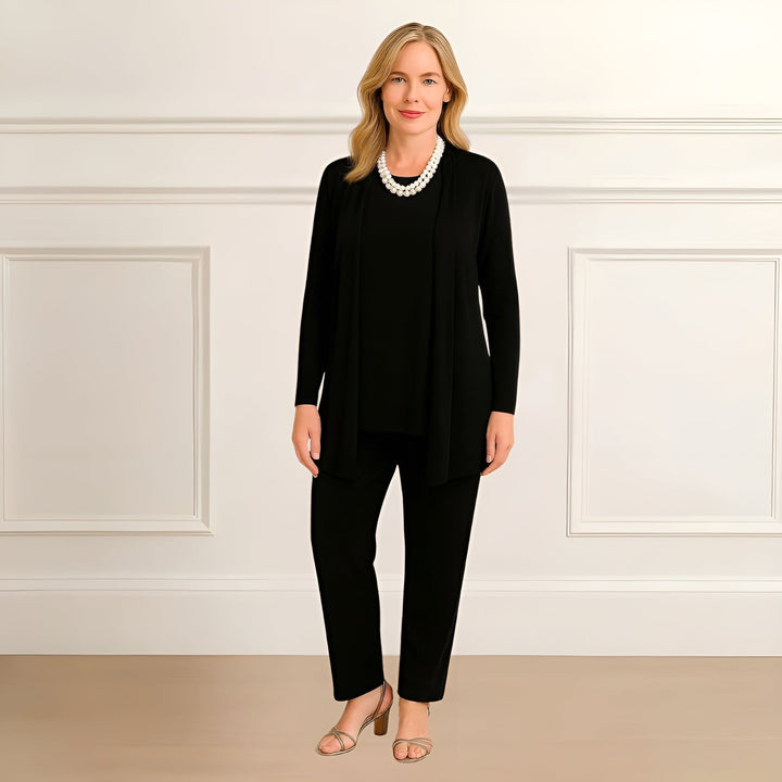 Front view of the Ingrid three-piece set styled with the cardigan open over the matching inner top and pants