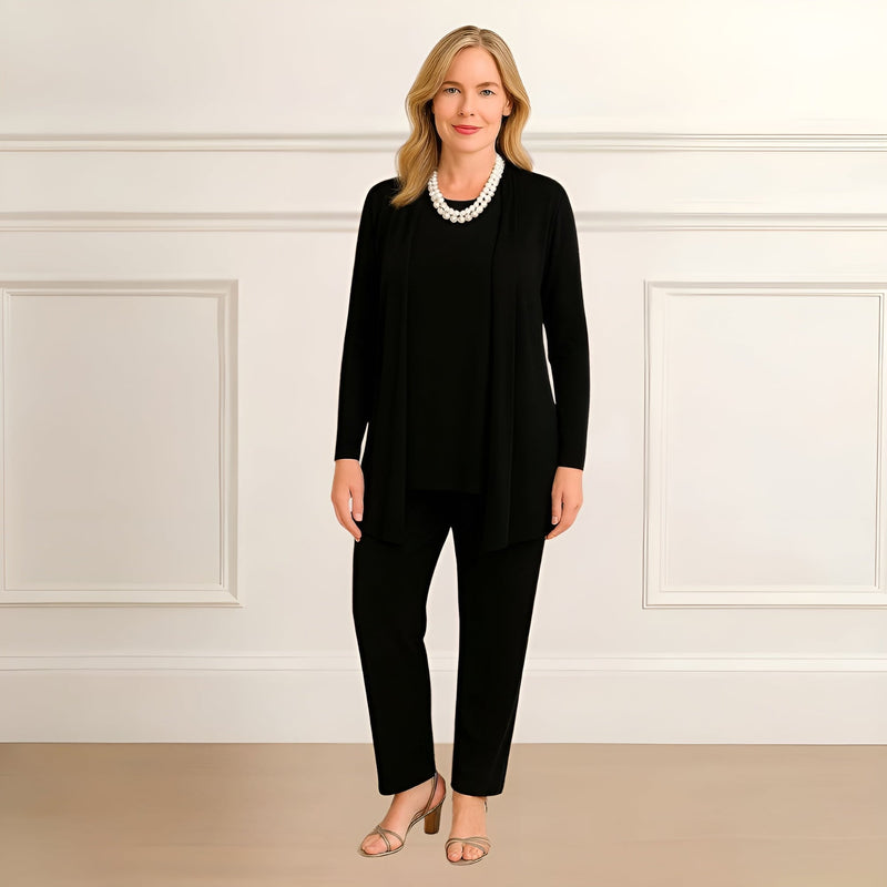 Front view of the Ingrid three-piece set styled with the cardigan open over the matching inner top and pants