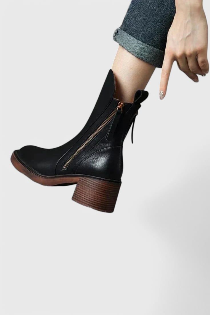 Close-up of Irina ankle boot toe and sole detail in black