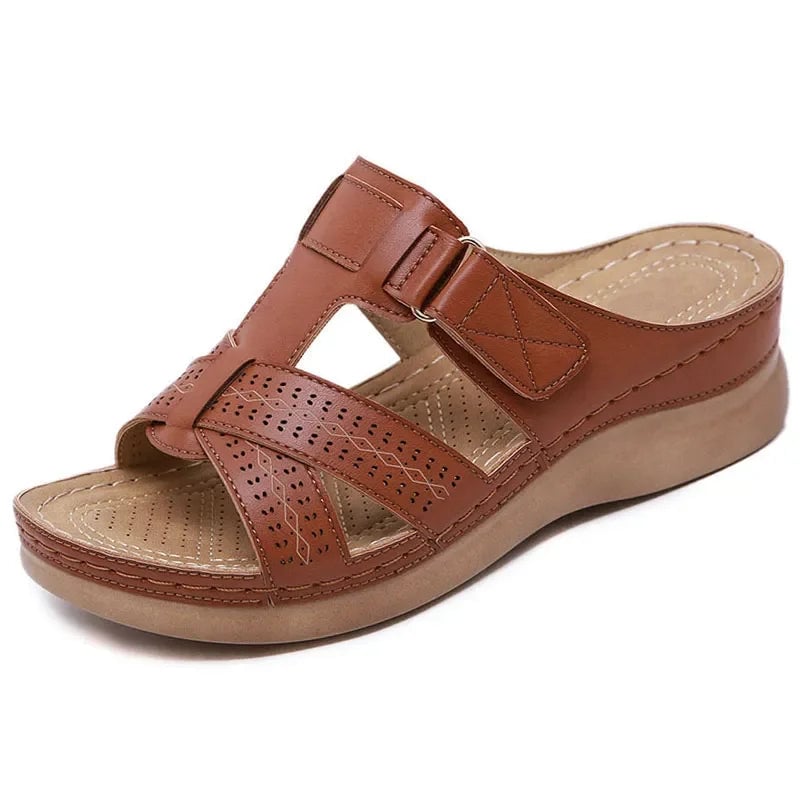 Close-up of Irina sandal cushioned footbed and supportive strap detailing