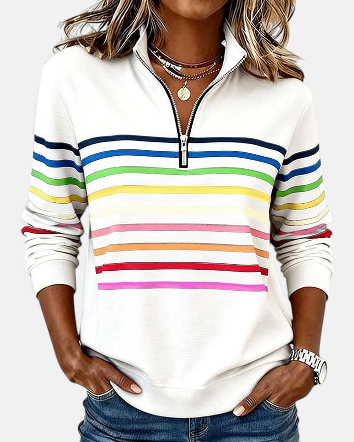 Close-up of rainbow stripe detail and front zipper on a casual zip sweatshirt