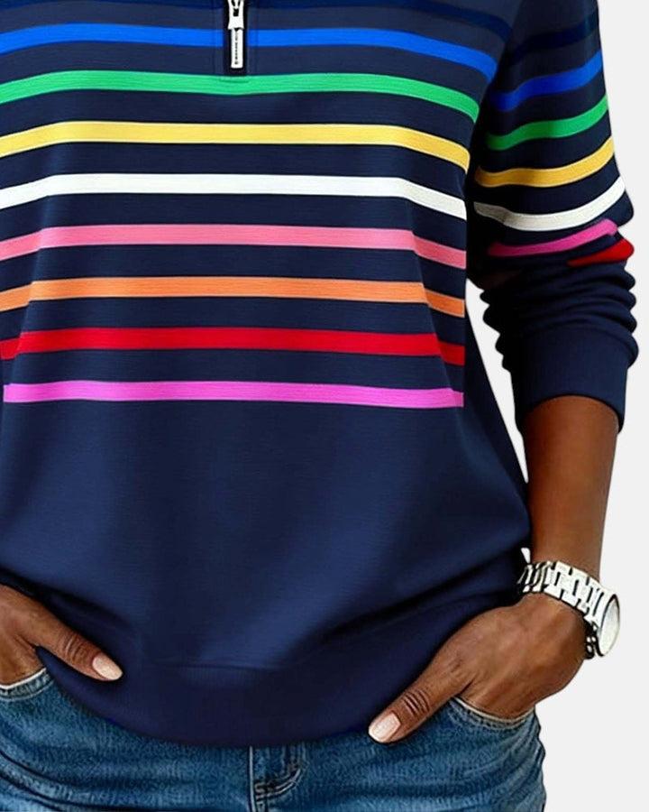 Back view of rainbow striped zip sweatshirt showing clean finish and relaxed fit