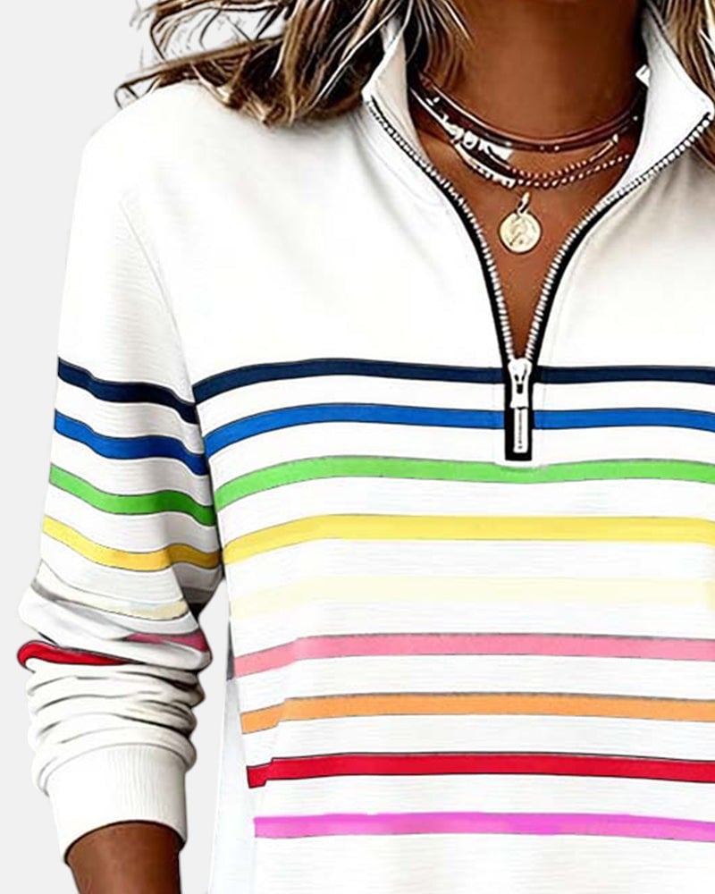 Detail shot of zip closure and collar on rainbow striped sweatshirt