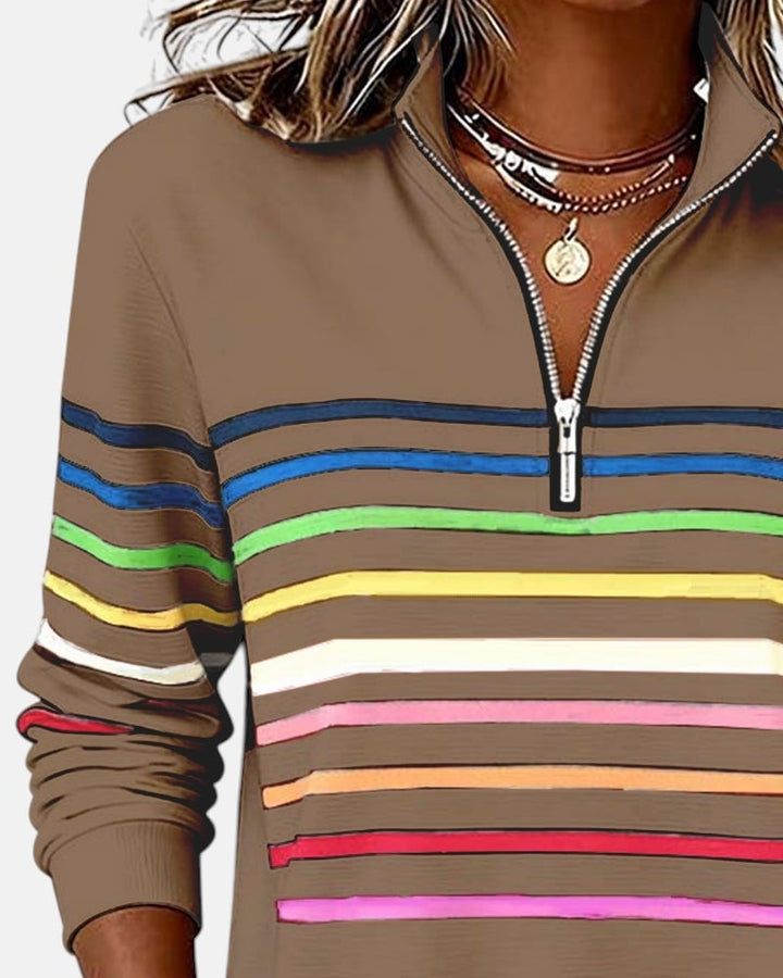 Close-up of rainbow stripe colors across the chest of the zip sweatshirt