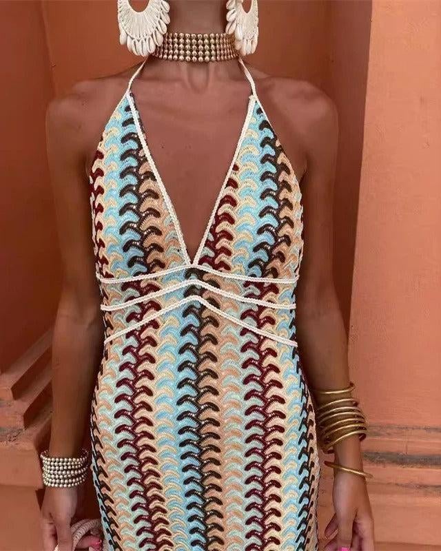 Close-up of intricate crochet detailing on the Iris draped beach dress in beige-multi