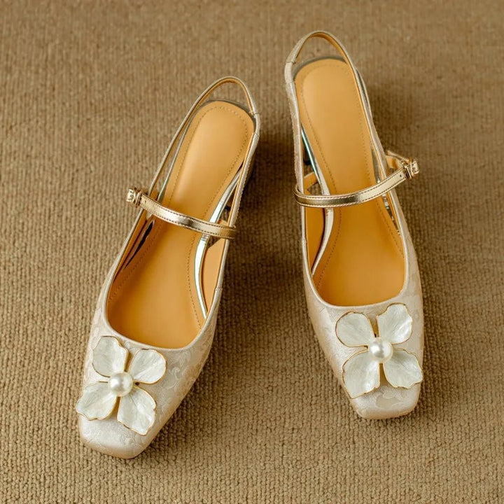 Isabeau floral mary jane pumps in beige, top-down view showing jacquard texture
