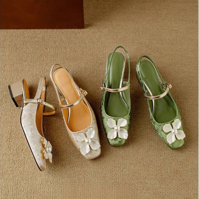 Isabeau floral mary jane pumps in green, side profile showing jacquard upper and ankle strap