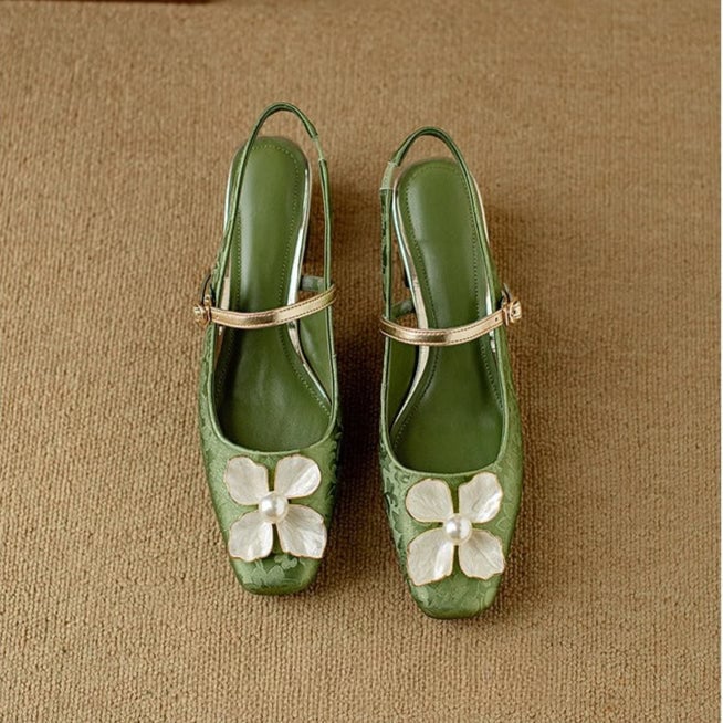 Isabeau floral mary jane pumps in green, three-quarter angle showing full shoe silhouette