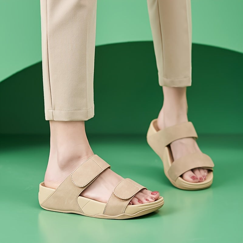 Isabella women's sandals in beige with soft straps and cushioned footbed, side view