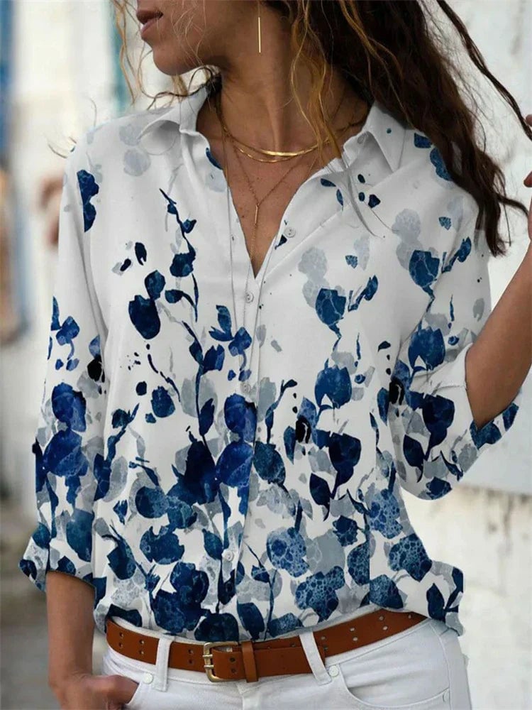 Isabelle floral print button-down blouse in blue and white watercolor print with point collar and long sleeves
